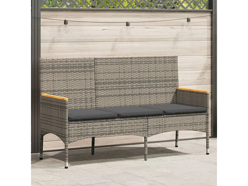 Banc de jardin 3 places avec coussins gris résine tressée