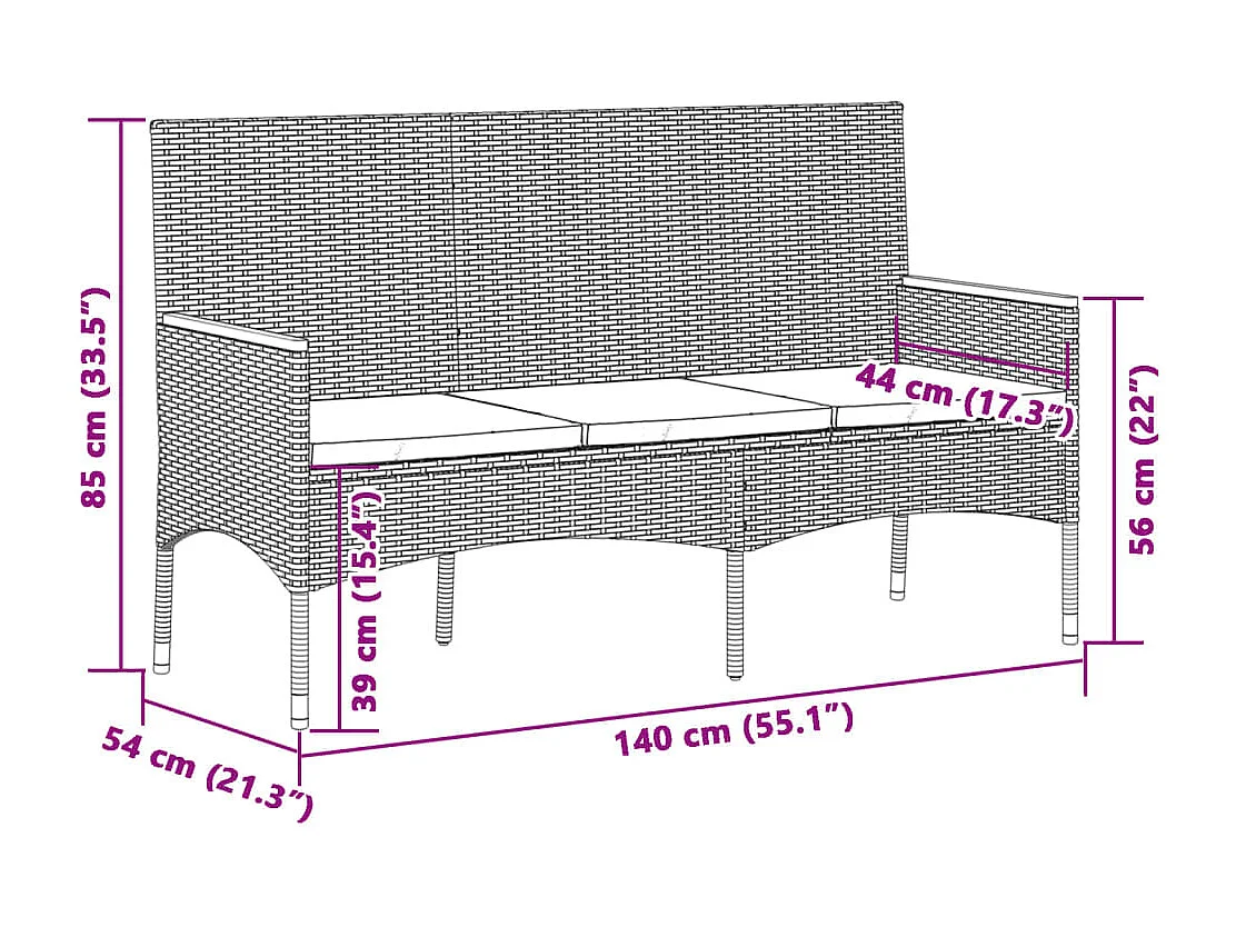 Banc de jardin 3 places avec coussins gris résine tressée