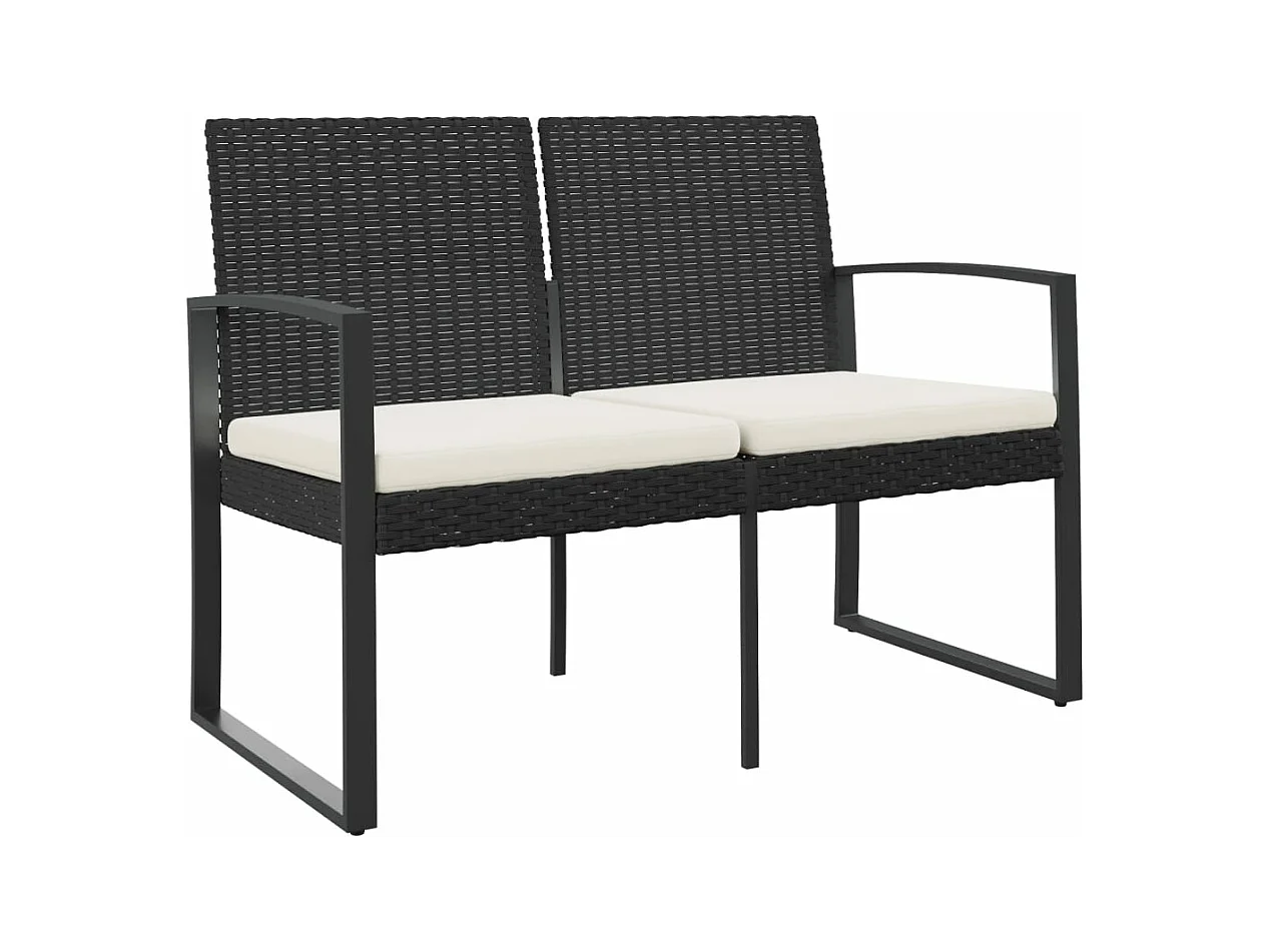 Banco de jardín de 2 plazas con cojines PP aspecto ratán negro