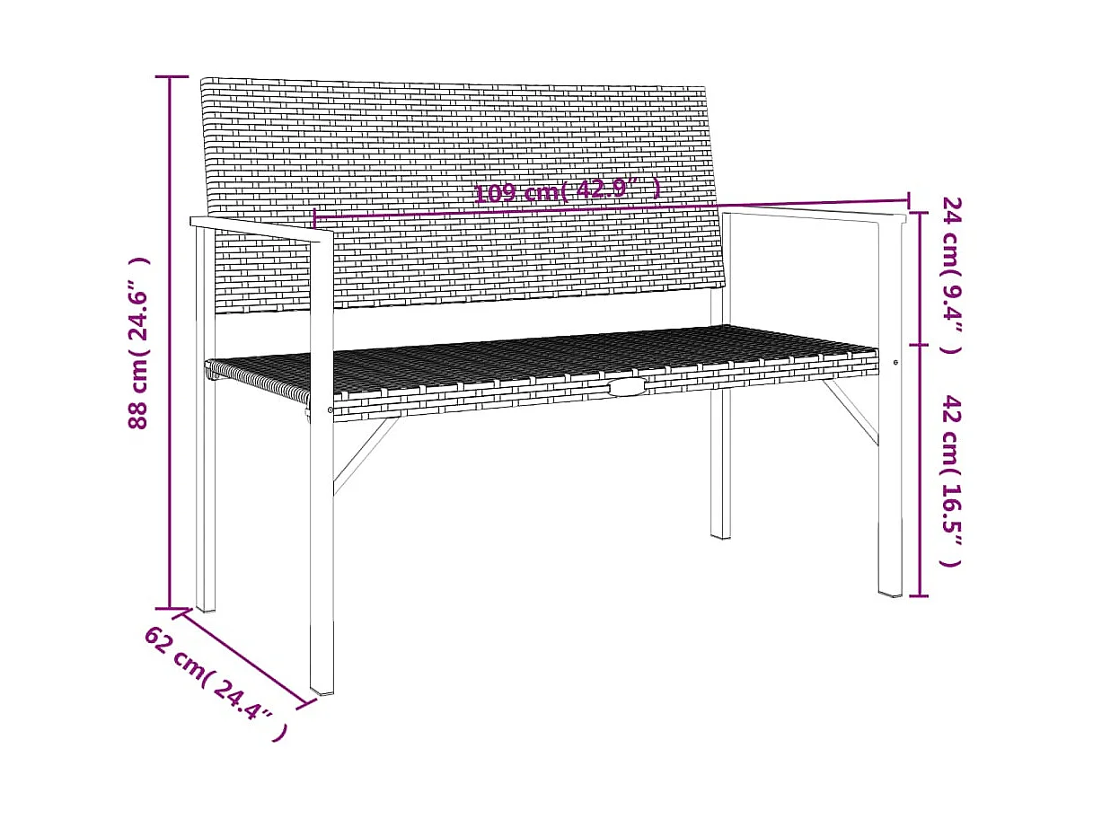 Banco de jardín de 2 plazas ratán sintético negro