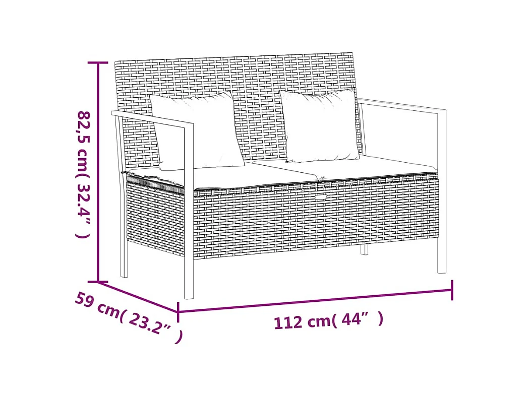 Banc de Jardin à 2 Places avec Coussins Noir Résine Tressée