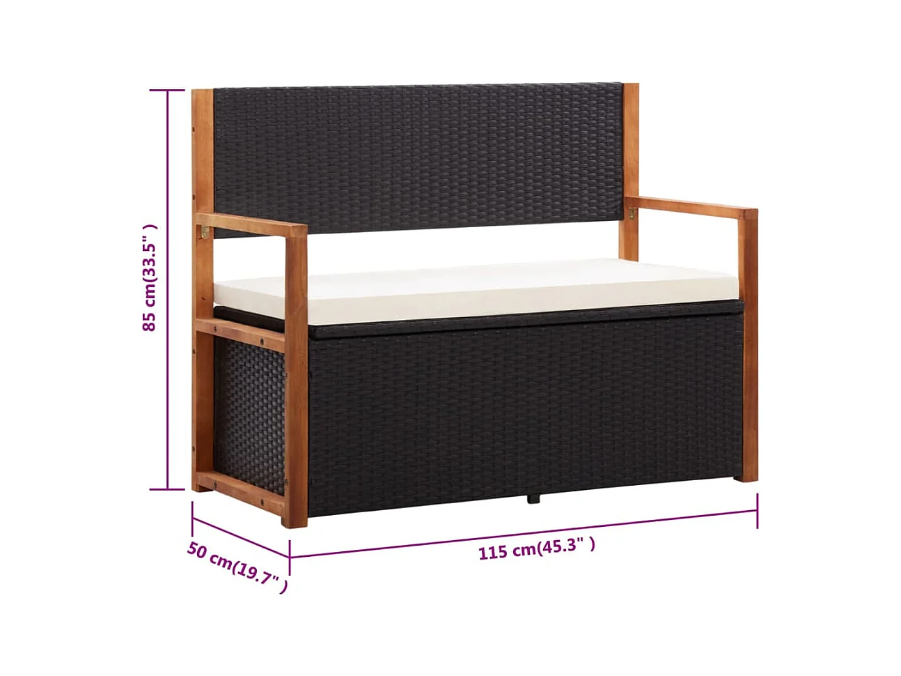 Banc de jardin 115 cm Résine tressée et bois d'acacia Noir