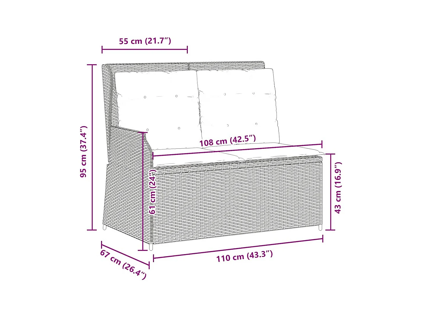Banc inclinable de jardin avec coussins beige résine tressée