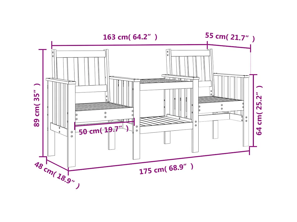 Banco de jardim 2 lugares com mesa pinho maciço preto