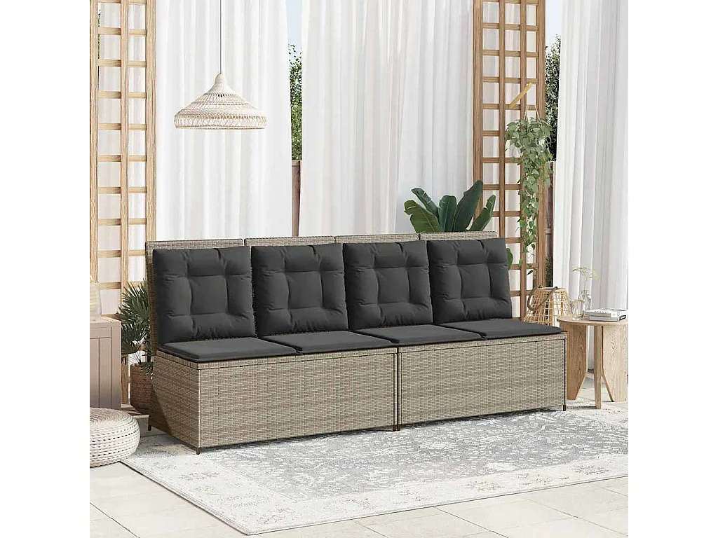 Banc inclinable de jardin et coussins gris clair résine tressée