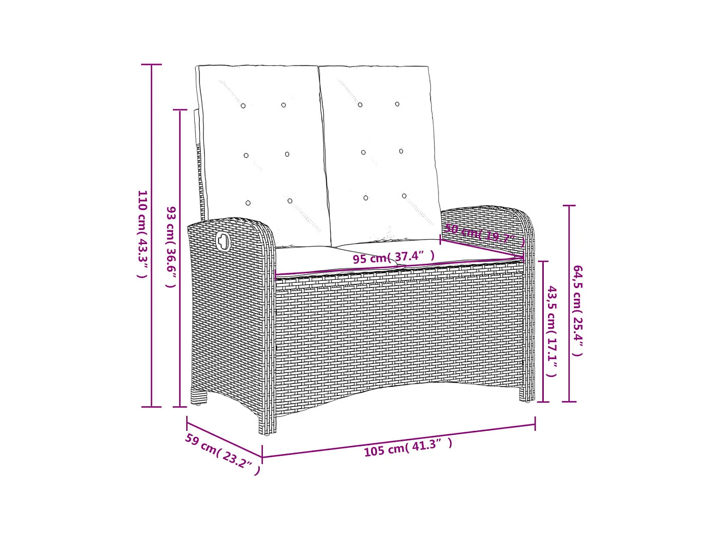 Banco de jardim reclinável com almofadões vime PE preto