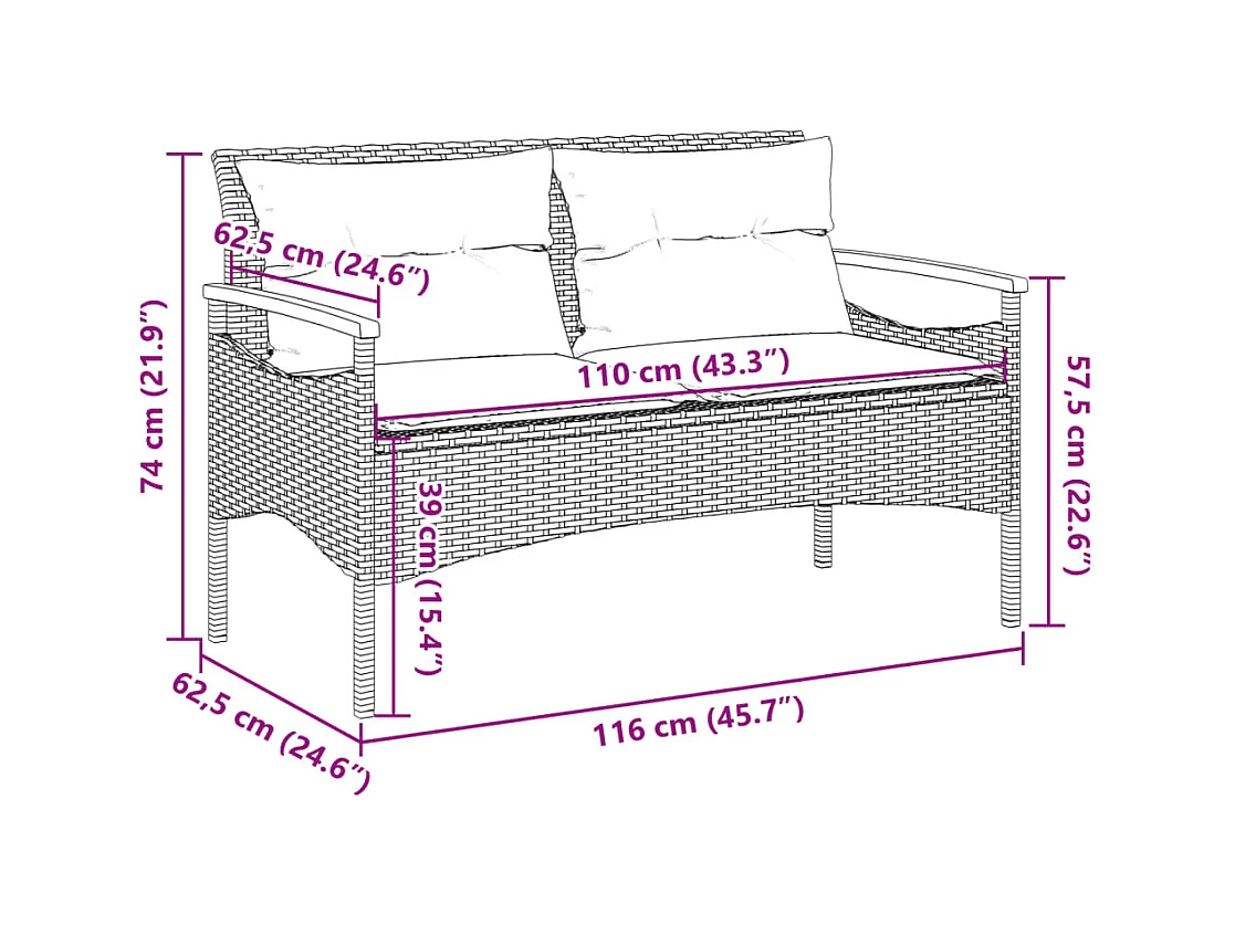 Banc de jardin avec coussins 116x62,5x74 cm gris résine tressée