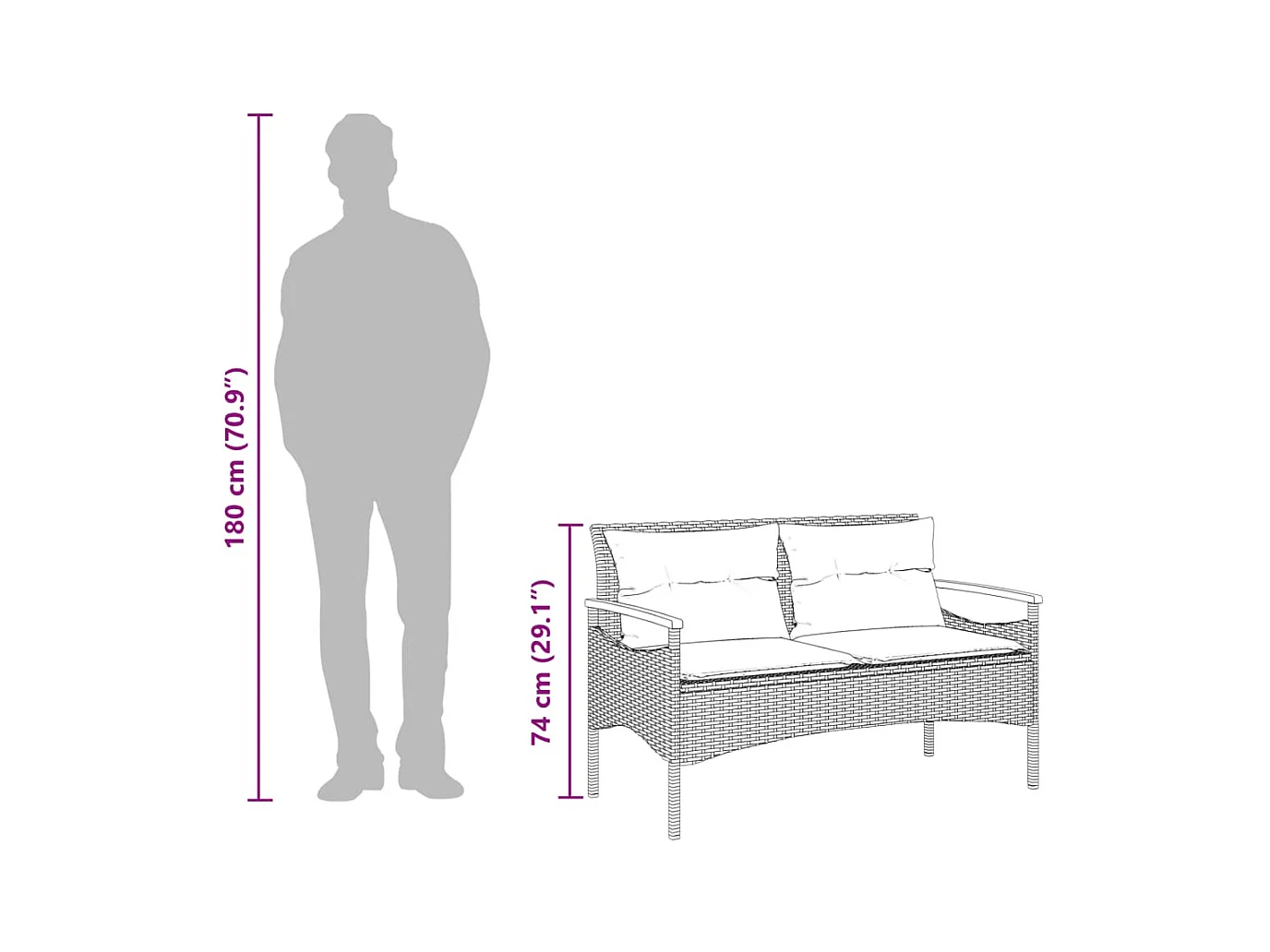 Banc de jardin avec coussins 116x62,5x74 cm gris résine tressée