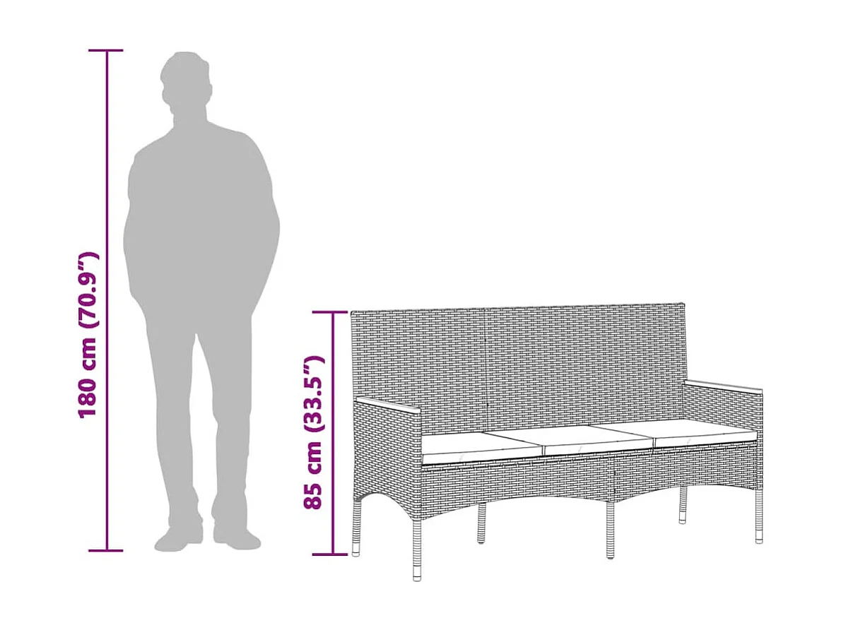 Banc de jardin à 3 places avec coussins noir résine tressée