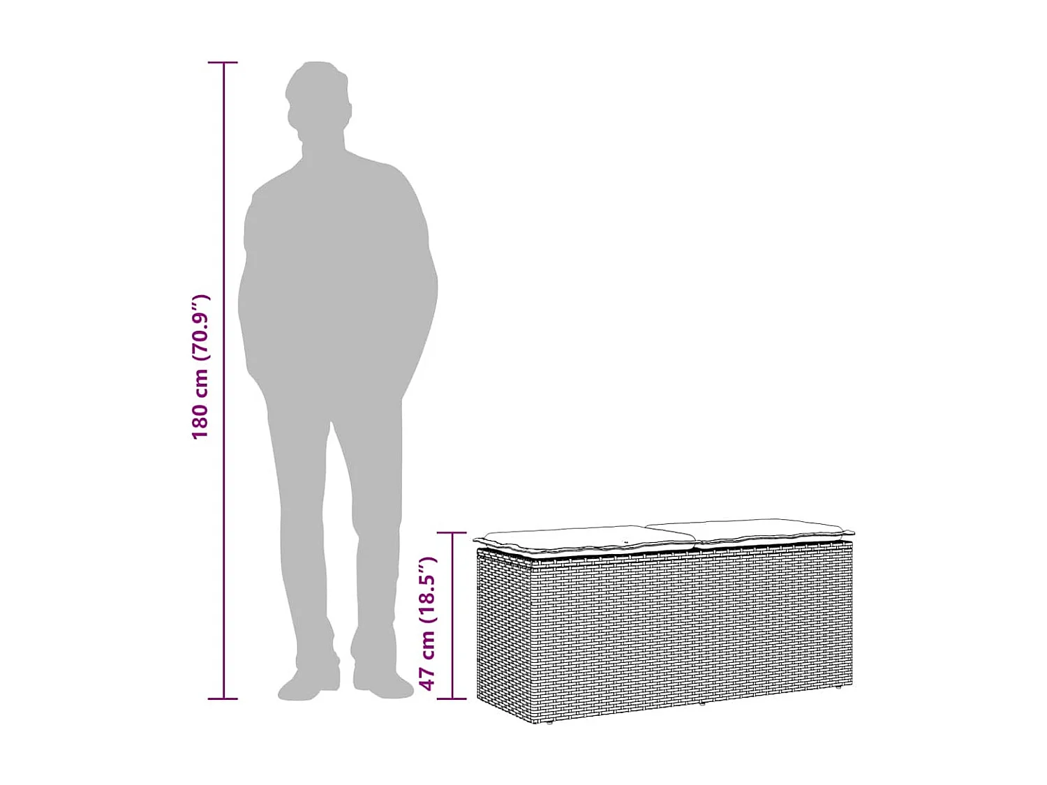 Banco de jardín con cojín ratán sintético marrón 110x40x44 cm