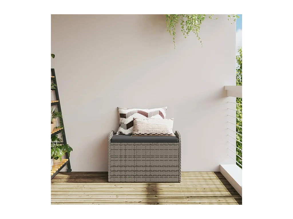 Banc de rangement avec coussin gris 80x51x52 cm résine tressée