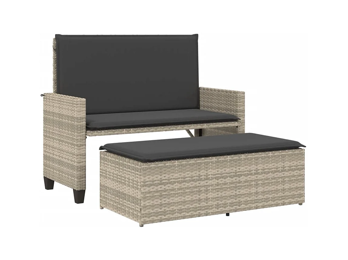 Banco de jardín con cojines y reposapiés ratán sintético gris