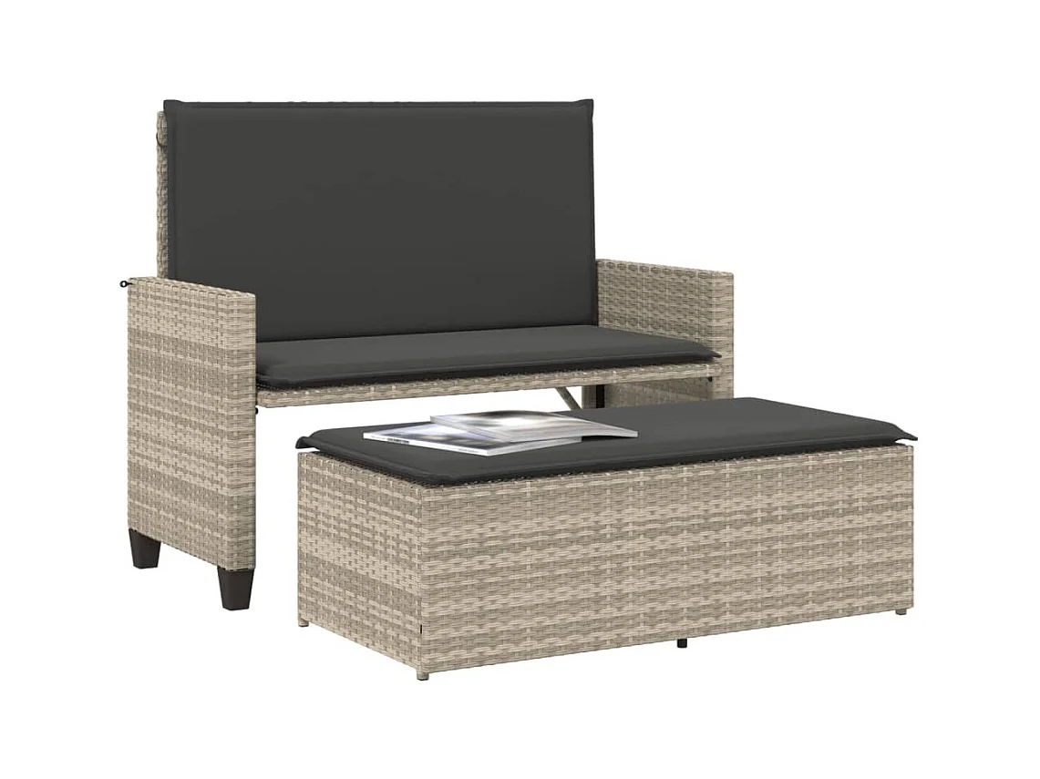 Banco de jardín con cojines y reposapiés ratán sintético gris