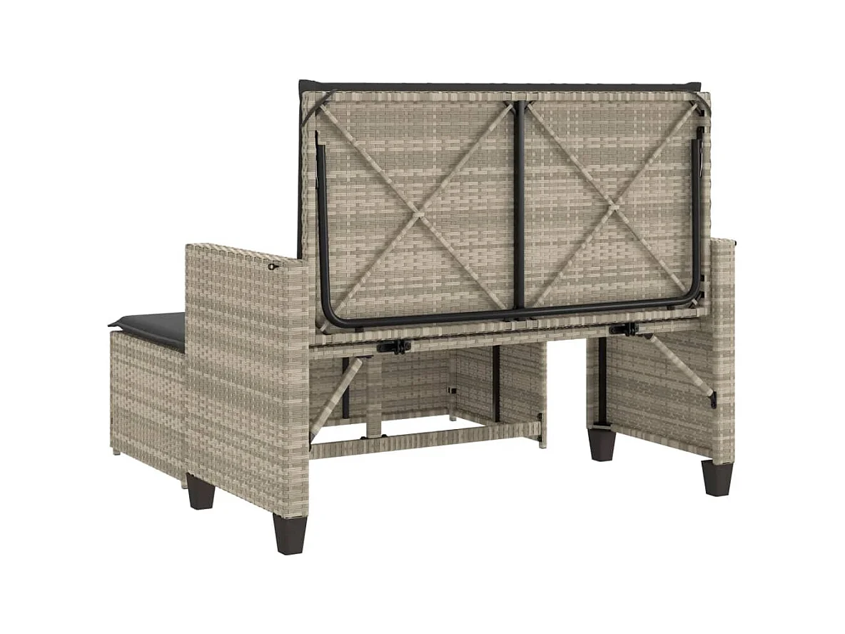 Banco de jardín con cojines y reposapiés ratán sintético gris