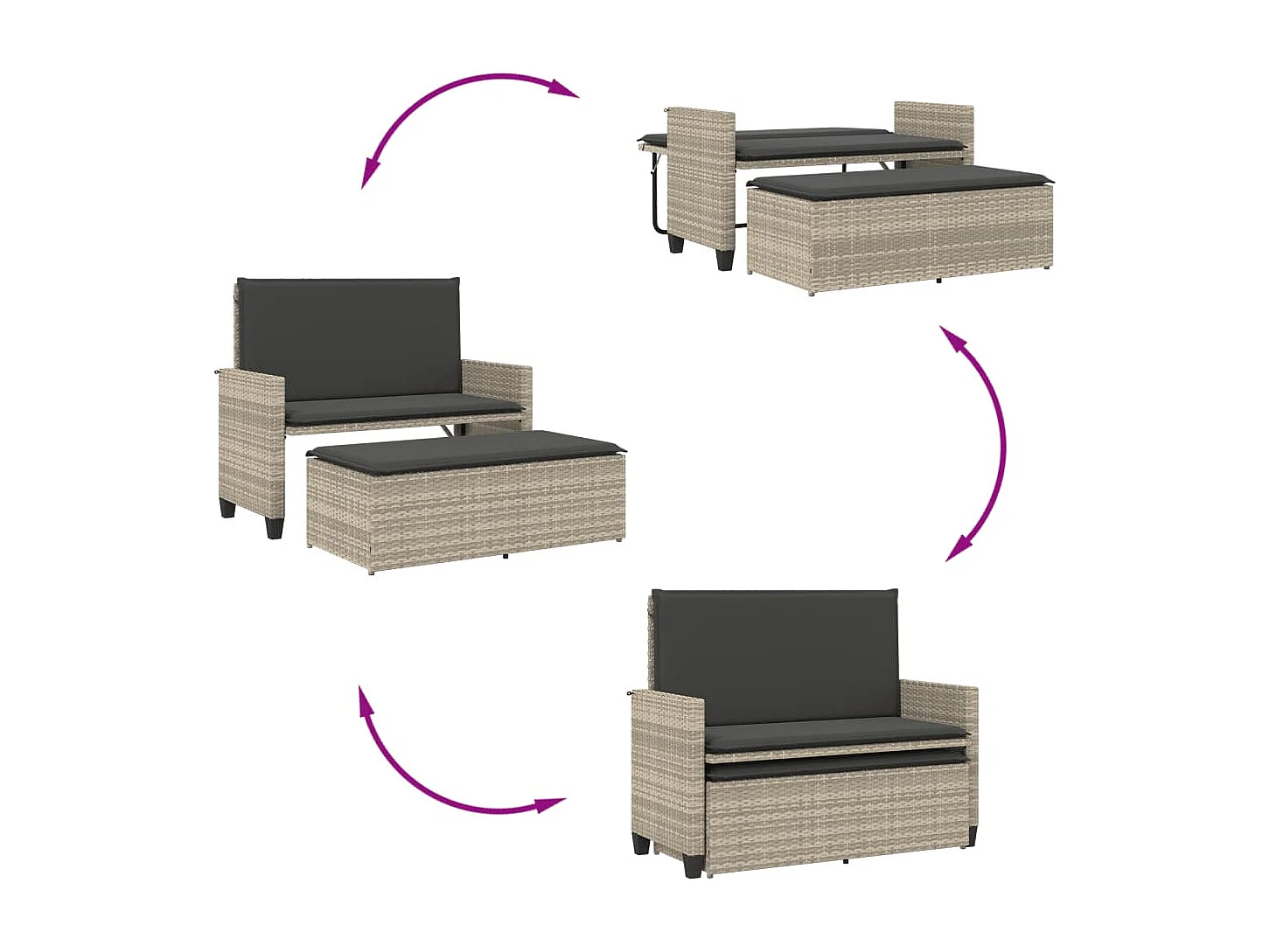 Banc de jardin et coussins et repose-pied gris clair poly rotin