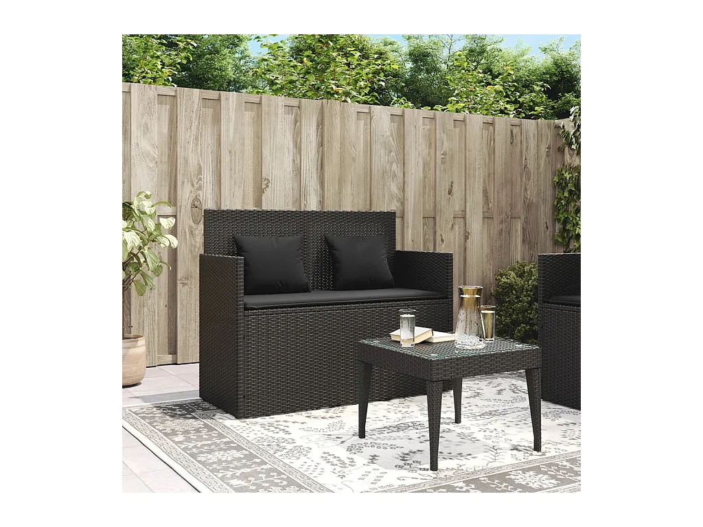 Banco de jardín con cojines ratán sintético negro
