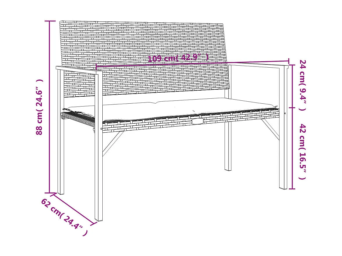 Banc de jardin à 2 places avec coussin noir résine tressée