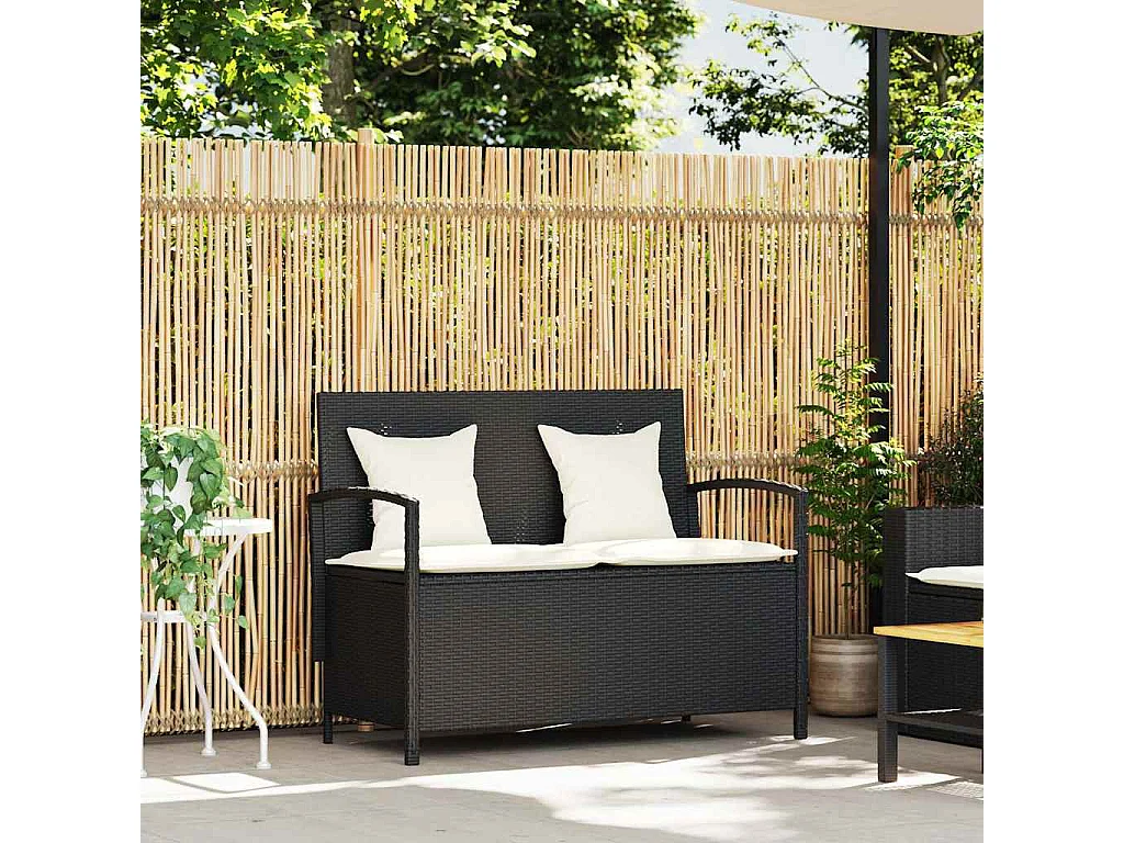 Banco de jardim para arrumação com almofada vime PE preto