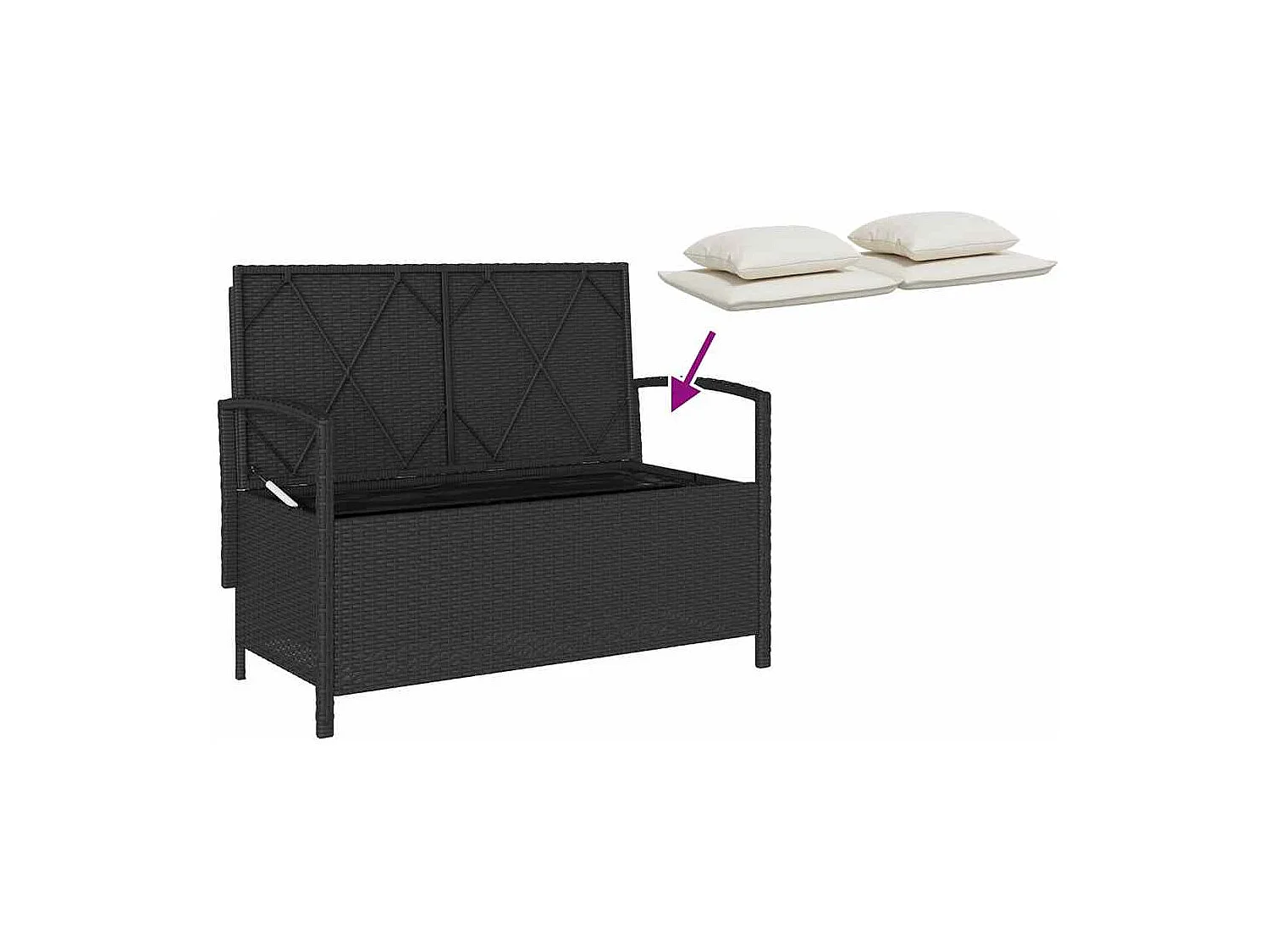 Banco de jardim para arrumação com almofada vime PE preto