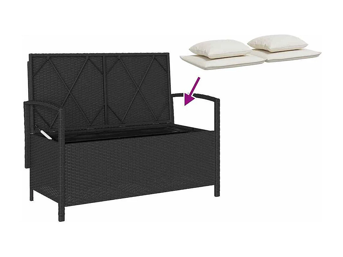 Banco de jardim para arrumação com almofada vime PE preto