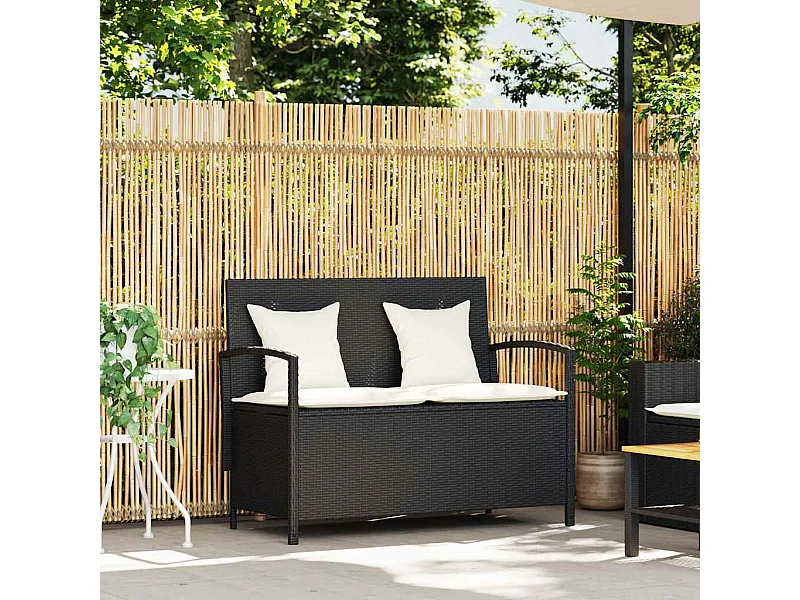 Banc de rangement de jardin avec coussin noir résine tressée