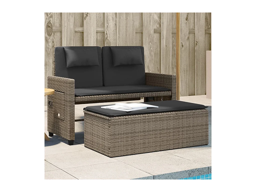 Sillón reclinable de jardín con cojines ratán sintético gris