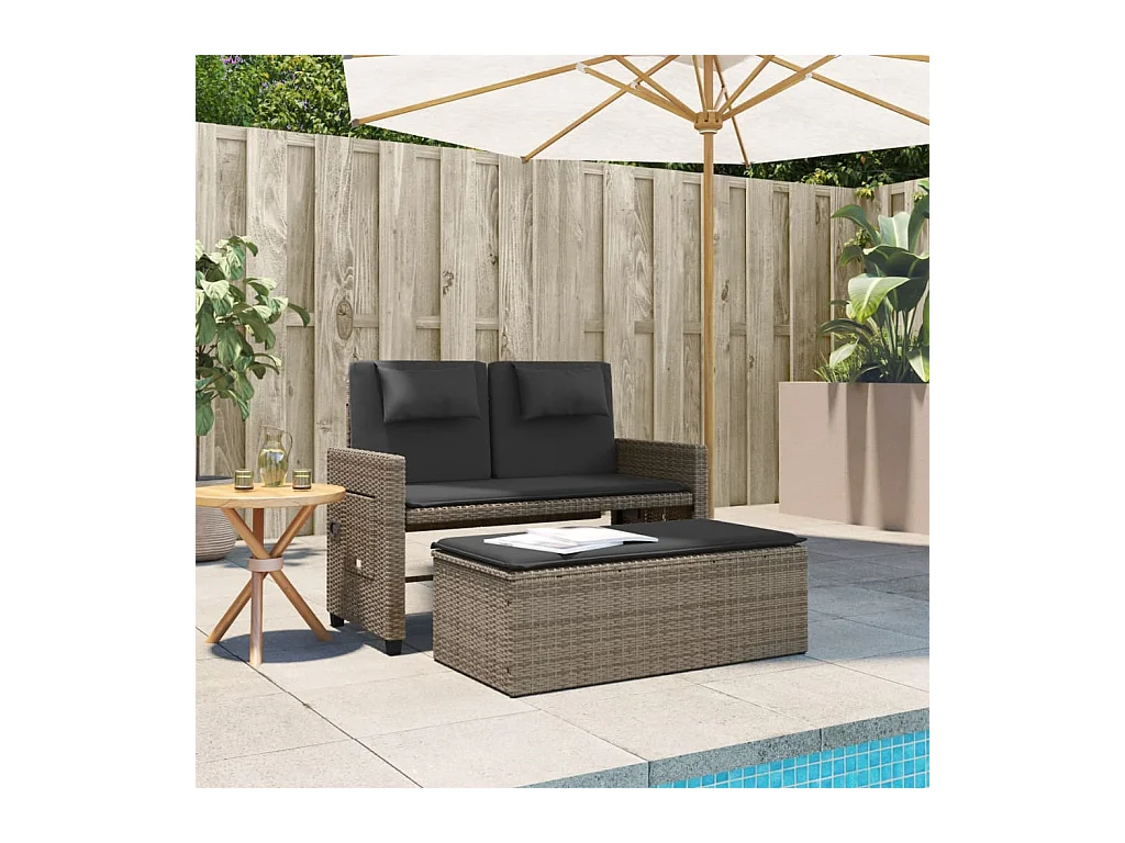 Sillón reclinable de jardín con cojines ratán sintético gris