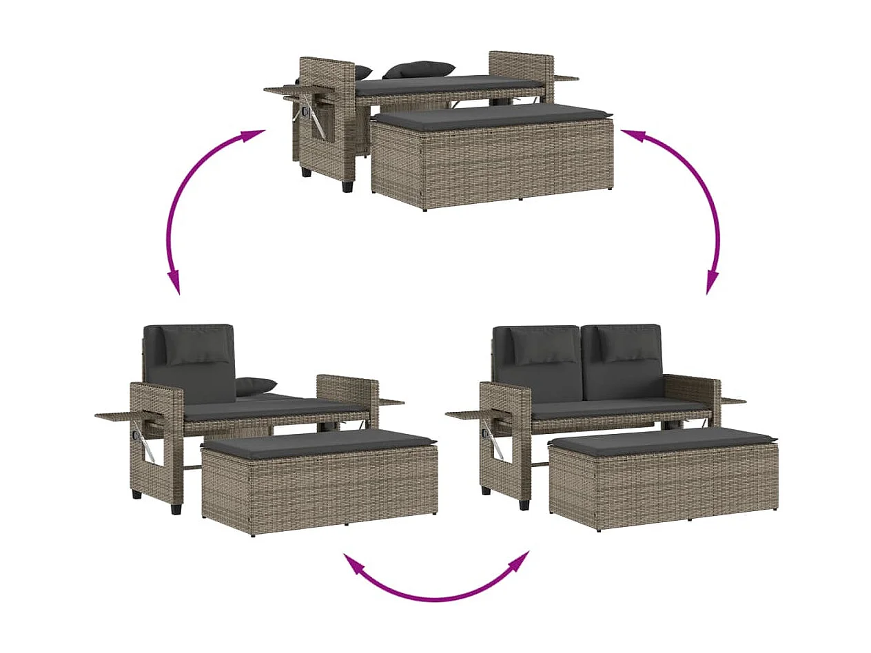 Banc inclinable de jardin avec coussins gris résine tressée