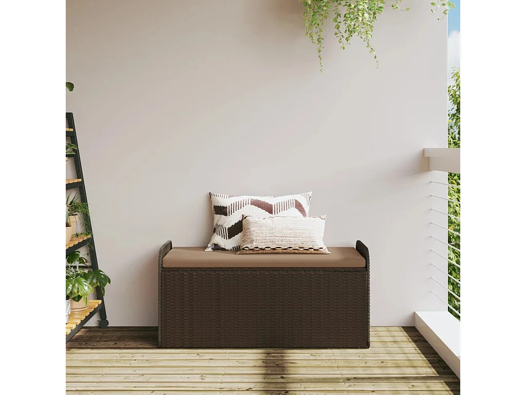 Banc de rangement et coussin marron 115x51x52 cm résine tressée
