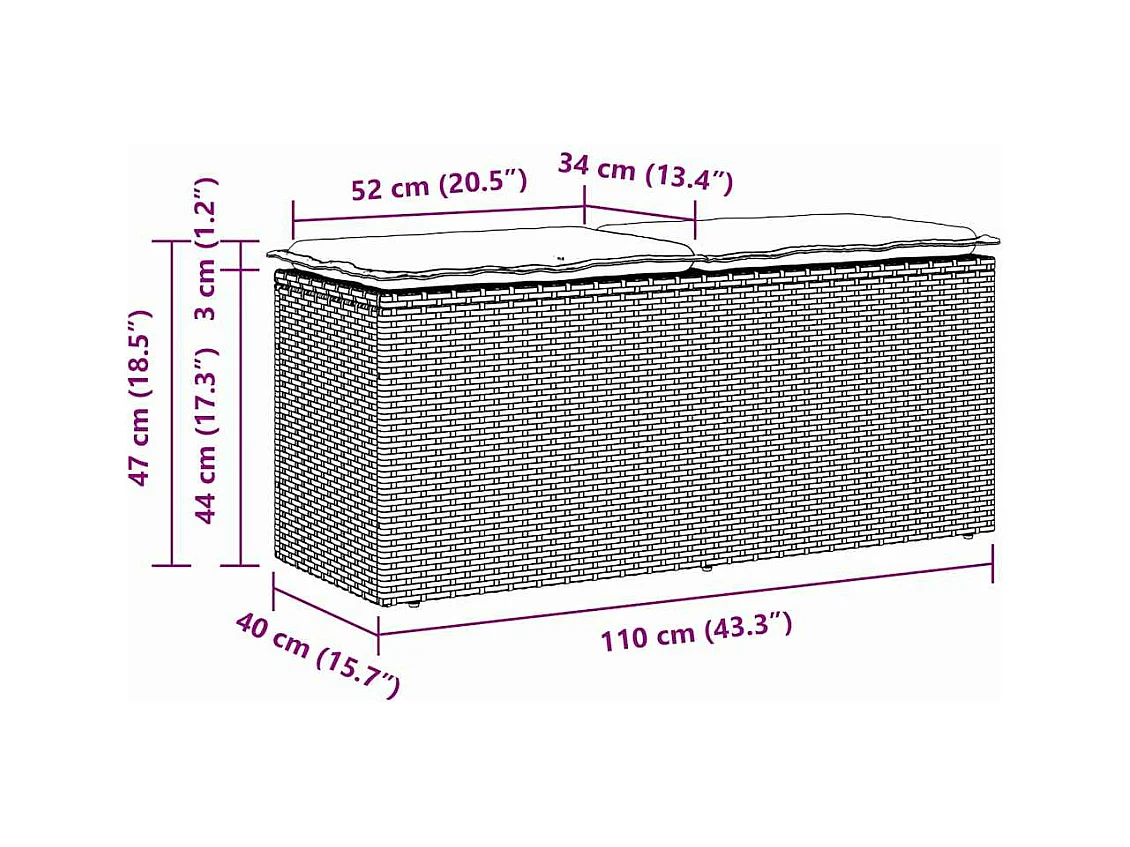 Banc de jardin avec coussin noir 110x40x44 cm résine tressée