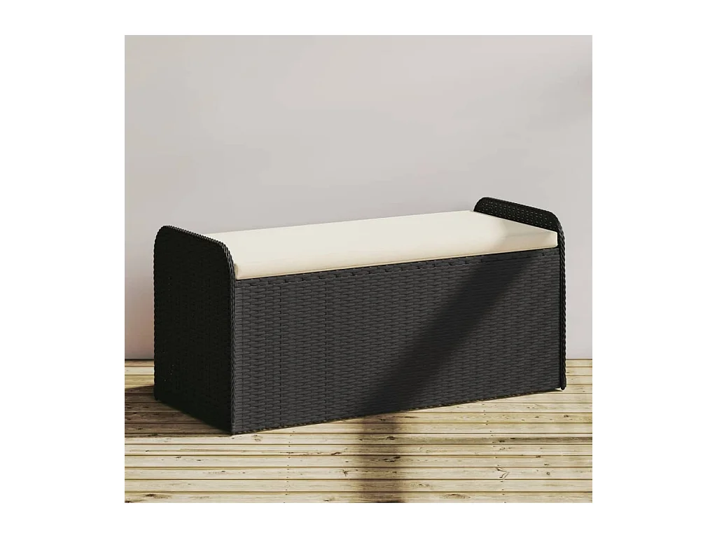 Banc de rangement avec coussin noir 115x51x52 cm résine tressée