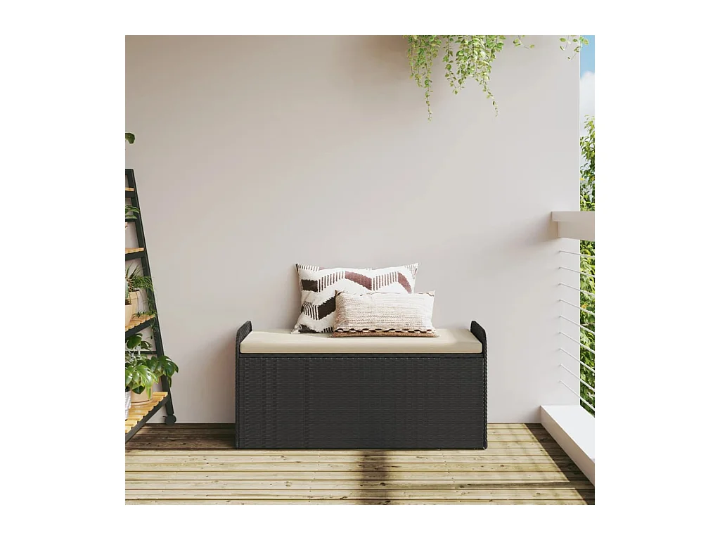 Banc de rangement avec coussin noir 115x51x52 cm résine tressée
