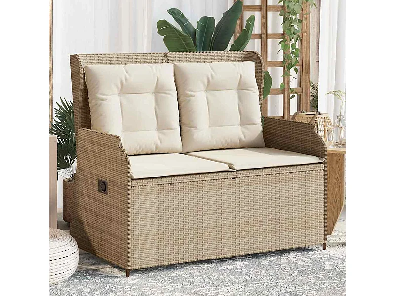 Banc inclinable de jardin avec coussins beige résine tressée
