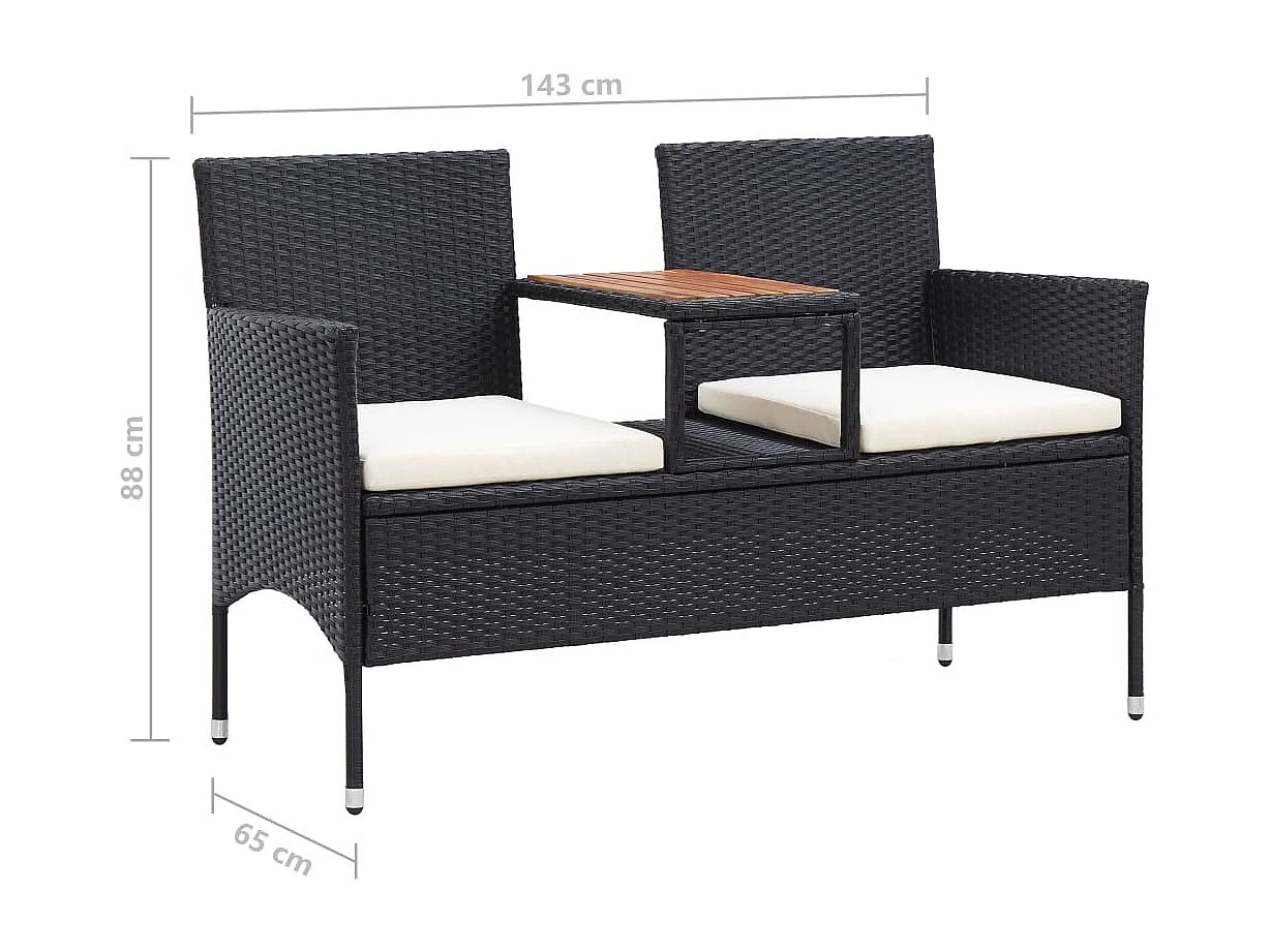 Banc de jardin 2 places et table à thé 143cm Résine tressée Noir