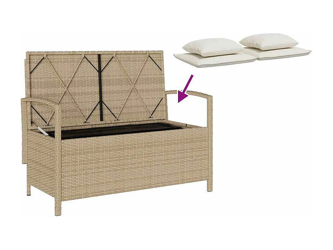 Banco de jardín con almacenaje y cojín beige ratán sintético