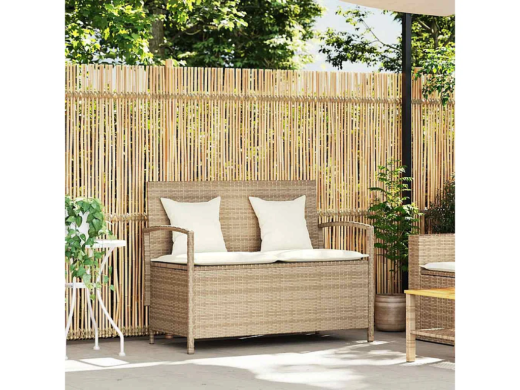 Banc de rangement de jardin avec coussin beige résine tressée