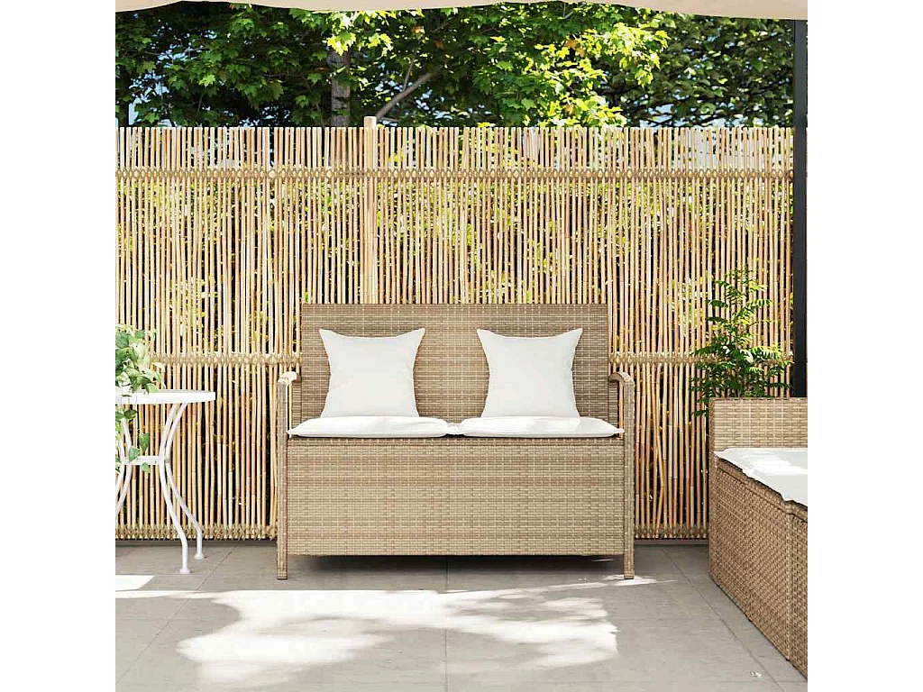 Banc de rangement de jardin avec coussin beige résine tressée