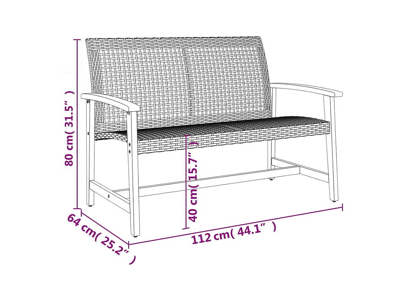 Banco de jardim 112 cm vime PE e madeira de acácia preto