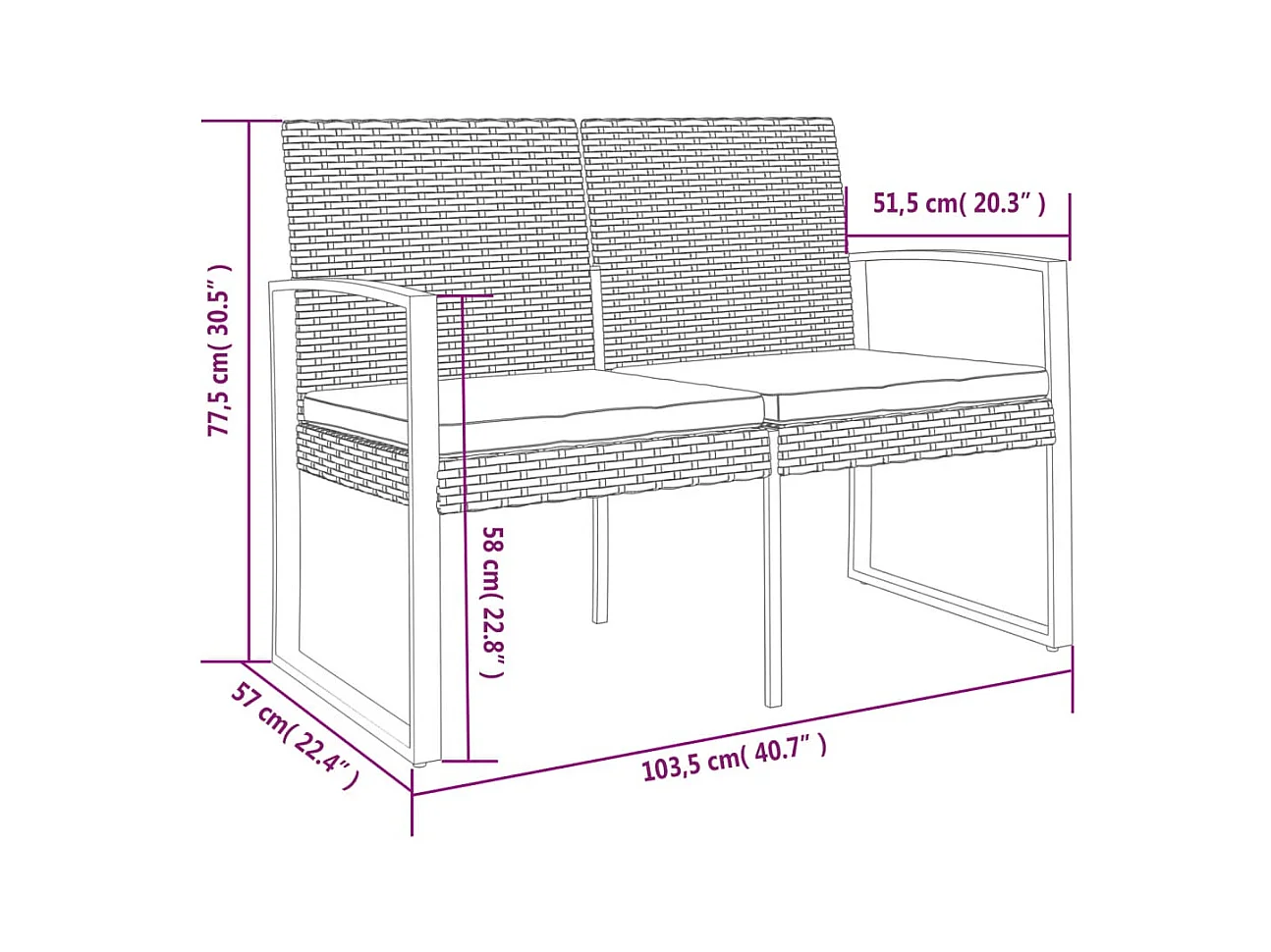 Banco de jardín 2 plazas con cojines PP aspecto de ratán marrón