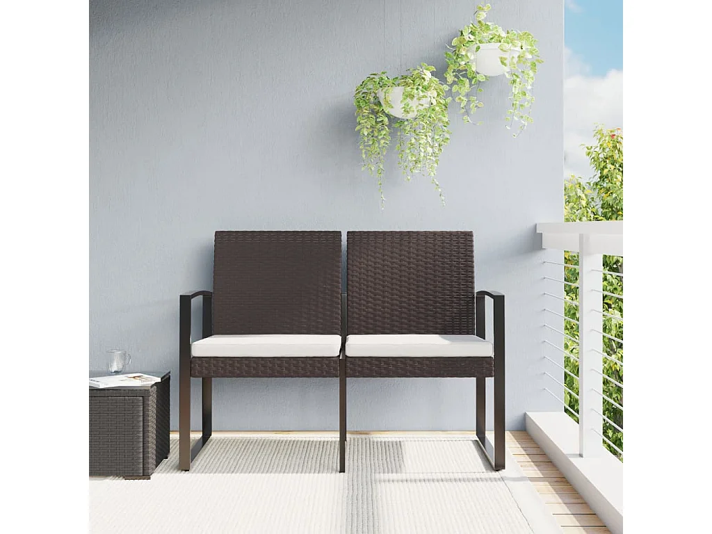 Banc de jardin à 2 places avec coussins marron PP rotin