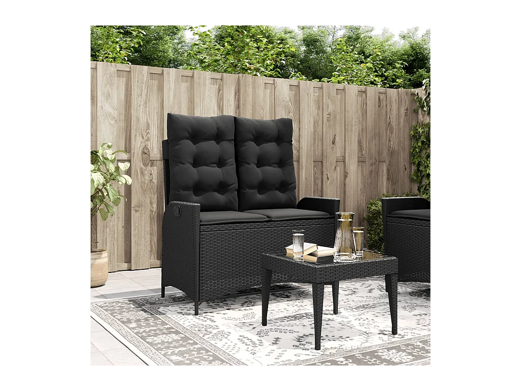 Banc inclinable de jardin avec coussins noir résine tressée