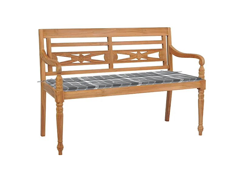 Bank Batavia met grijs geruit kussen 120 cm massief teakhout