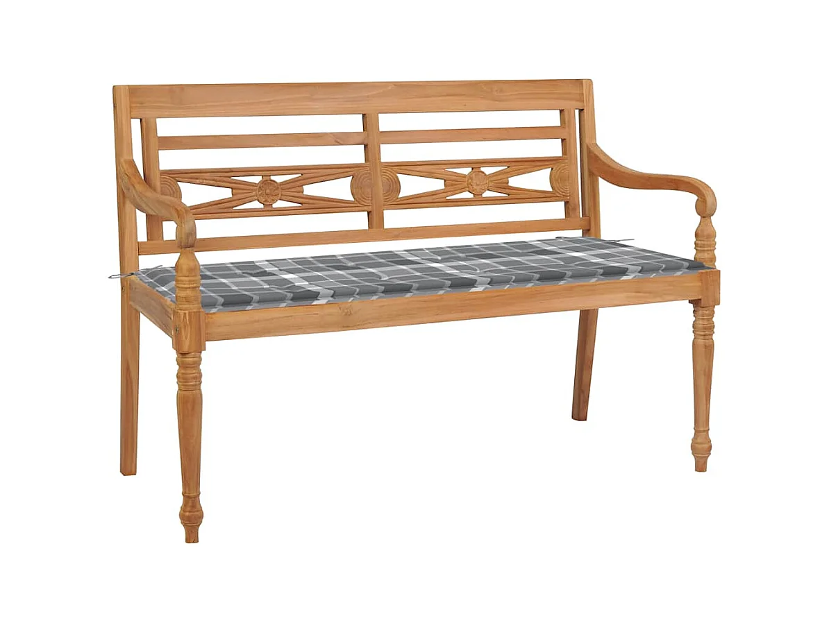 Banc Batavia avec coussin à carreaux gris 120 cm Bois de teck