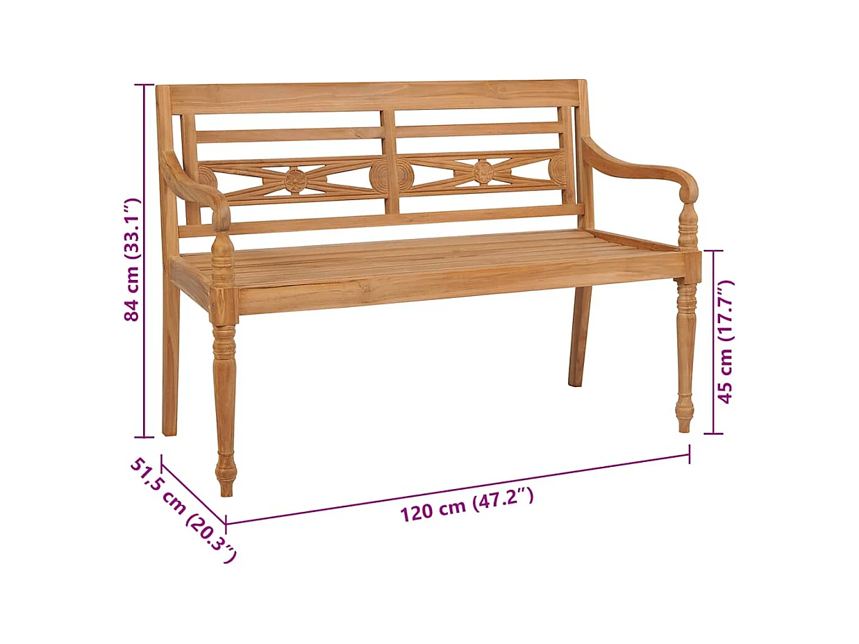 Banc Batavia avec coussin à carreaux gris 120 cm Bois de teck