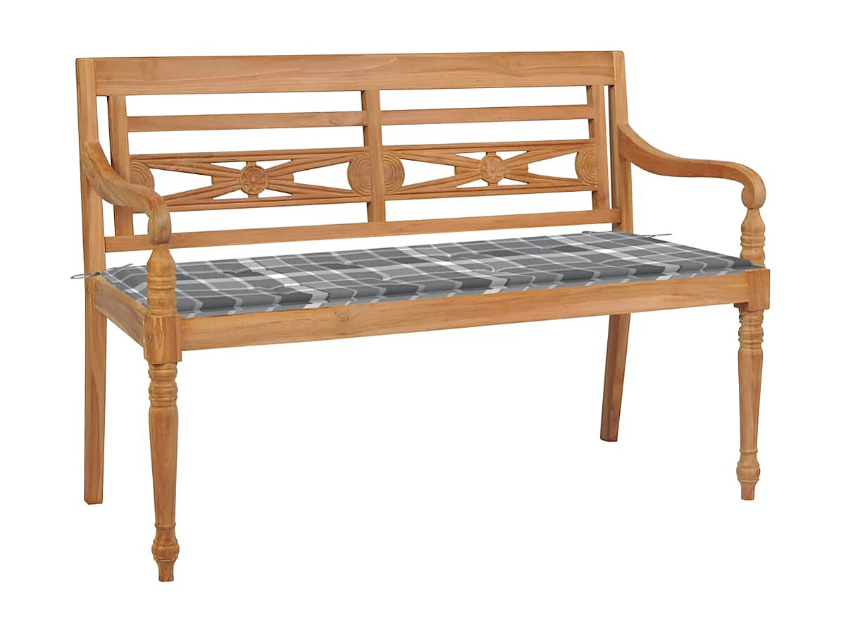Banc Batavia avec coussin à carreaux gris 120 cm Bois de teck