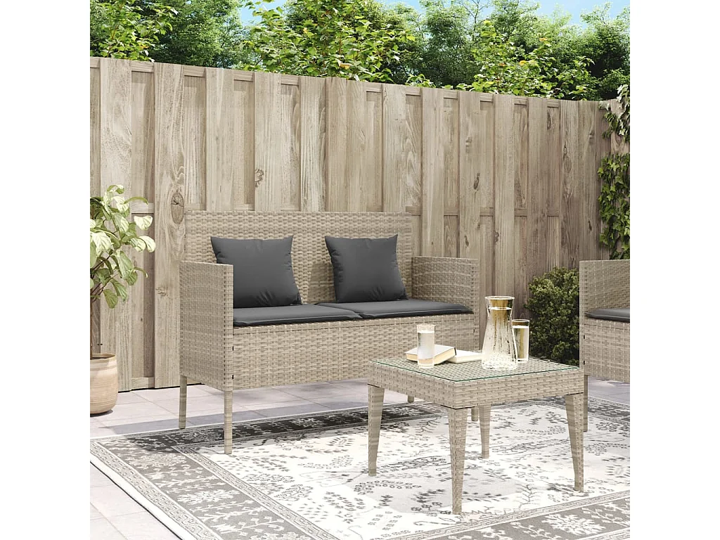 Banc de jardin avec coussins gris clair résine tressée