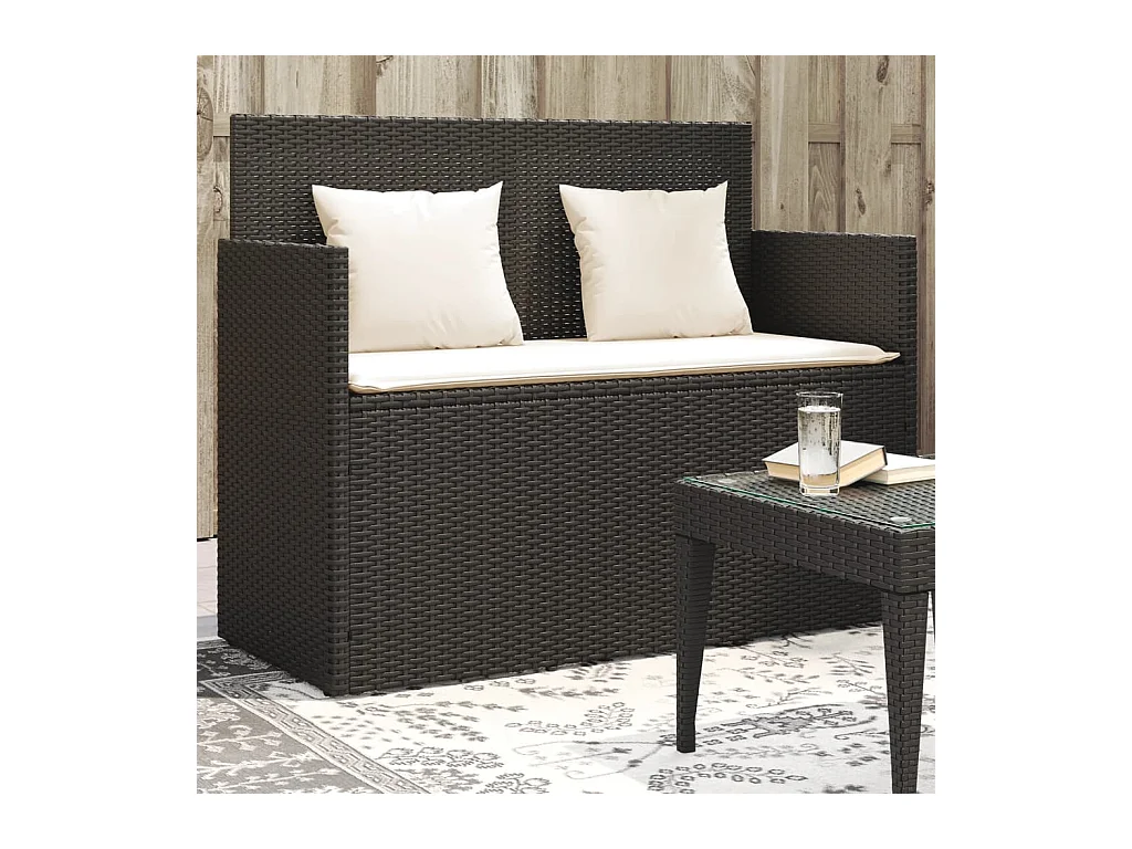 Banco de jardín con cojines ratán sintético negro