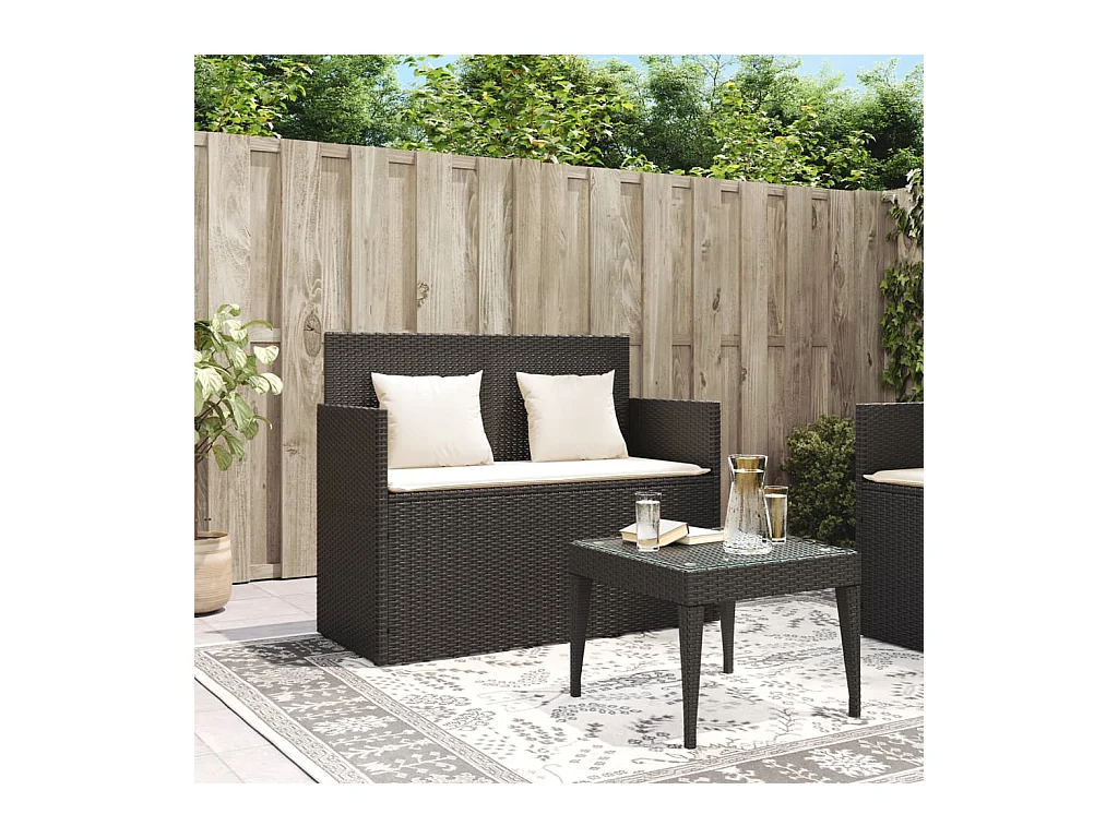 Banco de jardín con cojines ratán sintético negro