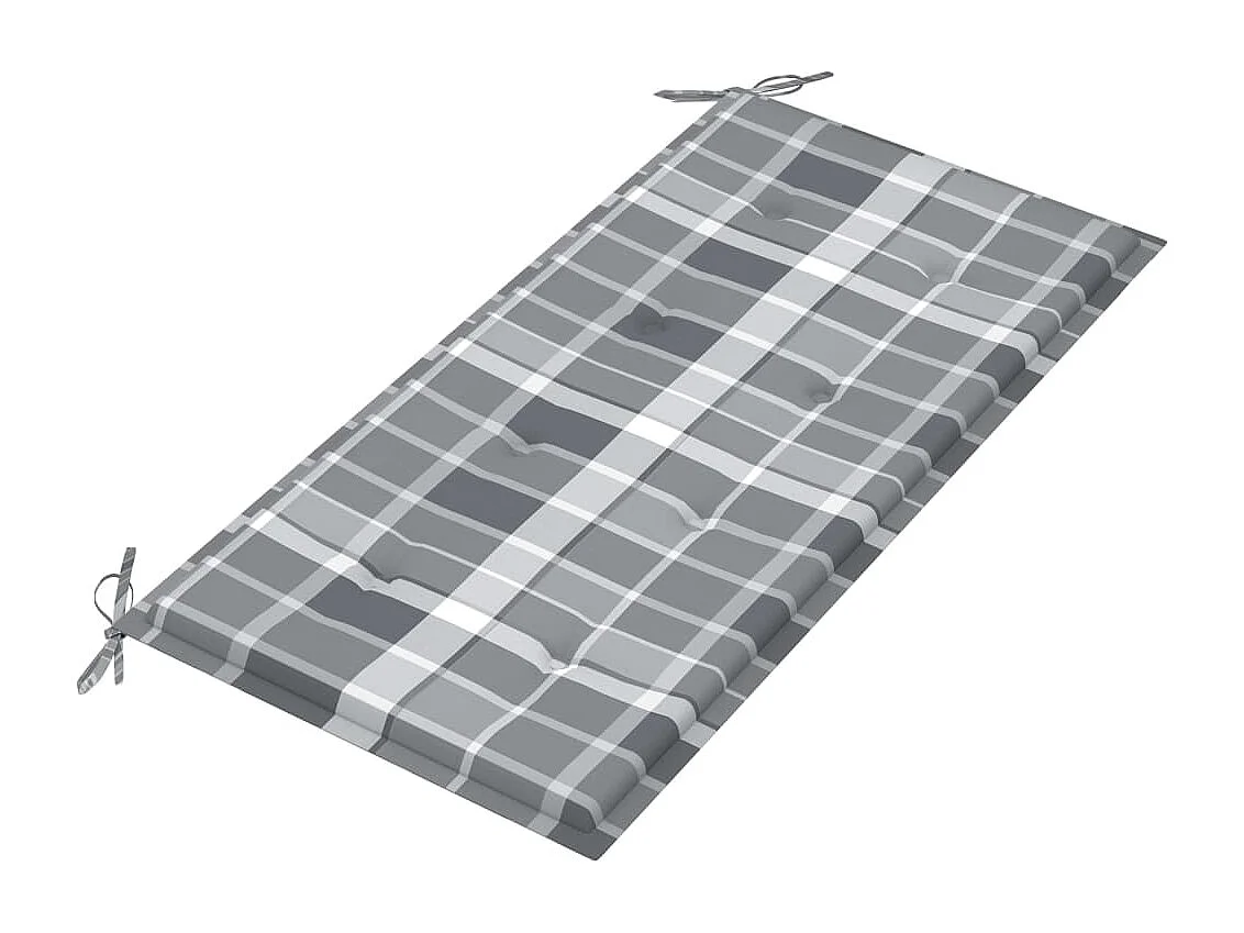 Banco de jardín madera de teca con cojín a cuadros gris 112 cm