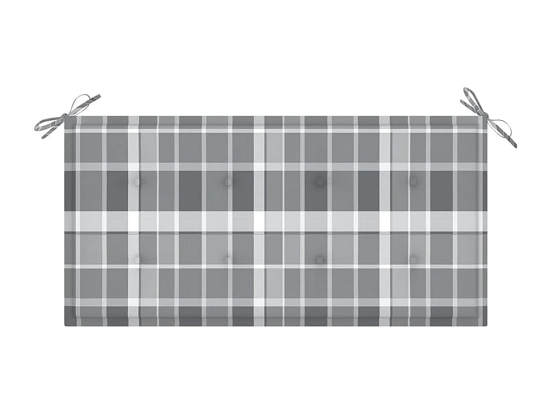 Banco de jardín madera de teca con cojín a cuadros gris 112 cm